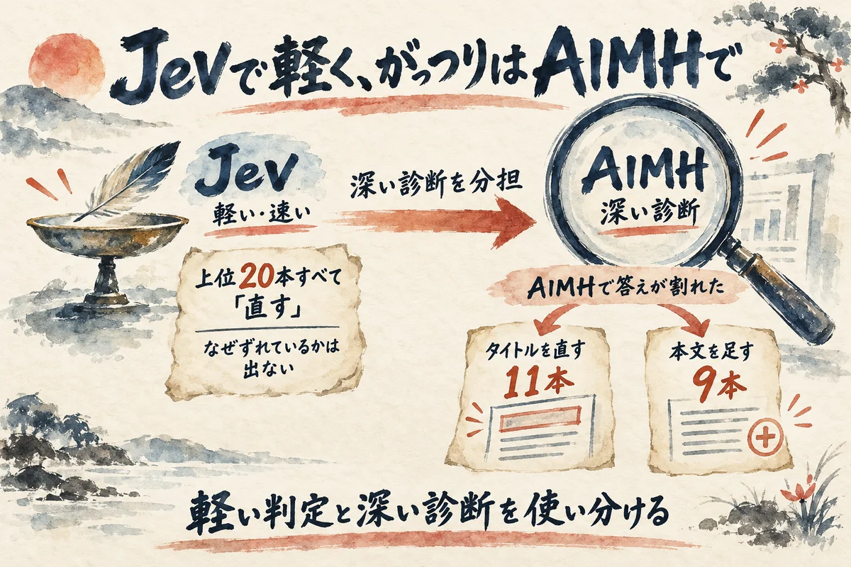 Jevで軽く判定し、深い診断はAIMHに任せて、タイトルを直す11本と本文を足す9本に分かれる図解
