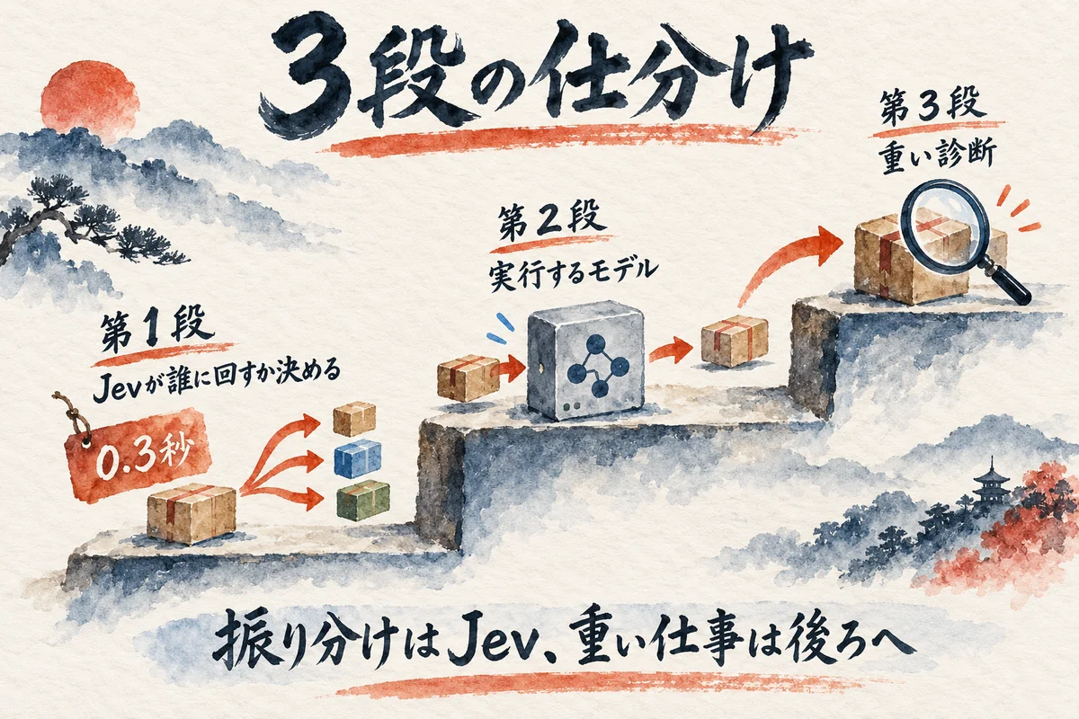 Jevが誰に回すかを決め、実行するモデル、重い診断へと進む3段の仕分けの図解
