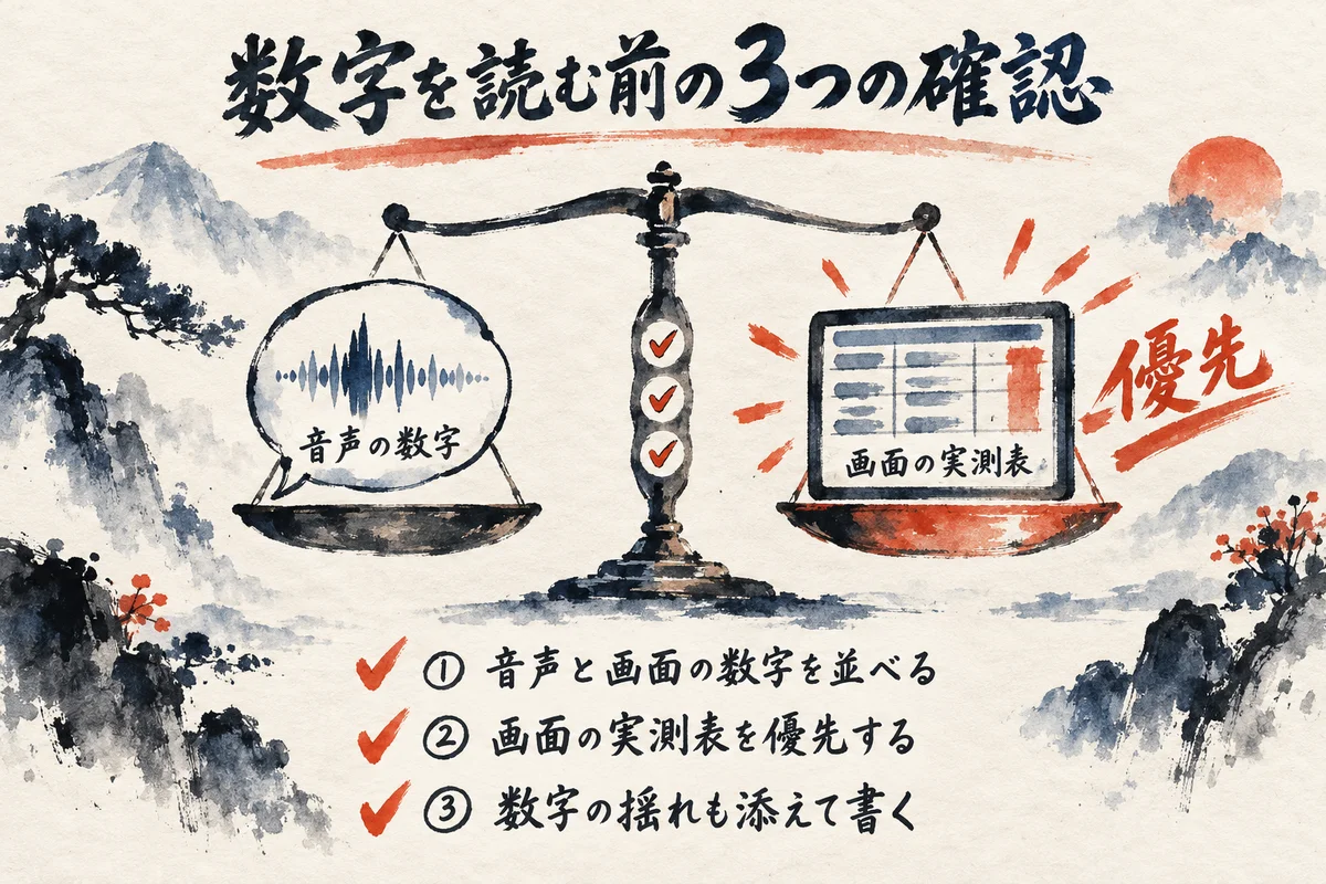音声の数字と画面の実測表を並べ、画面を優先して揺れも添える3つの確認の図解