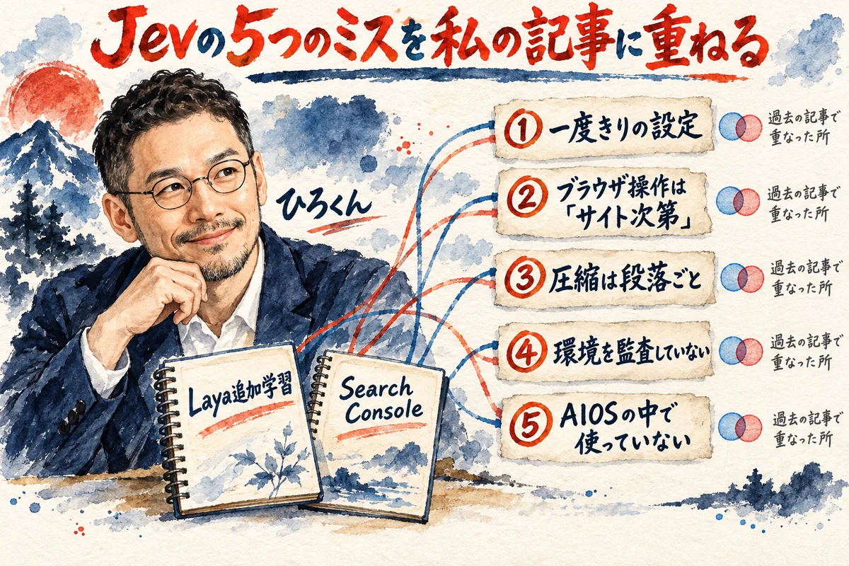 JevのYouTube動画の5つのミスを、ひろくんの2本の過去記事に重ねて読む全体図
