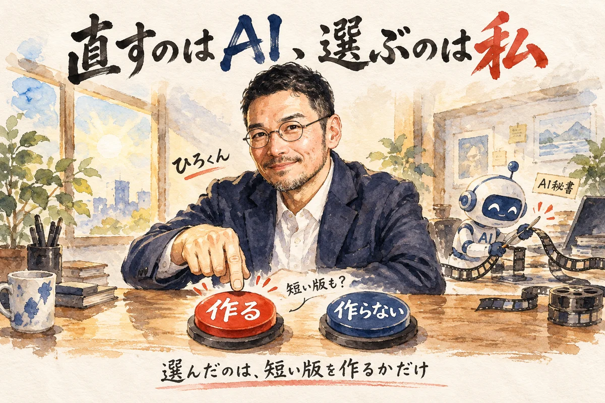 直すのはAI、選ぶのは私。作るボタンと作らないボタンを前にしたひろくんと、フィルムを持つAI秘書のコラム図解