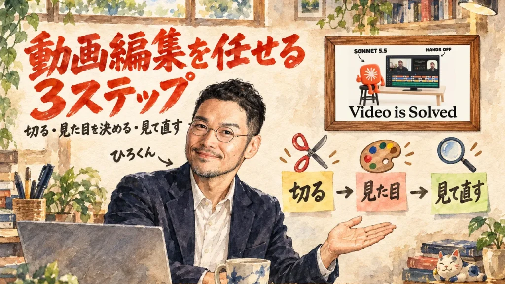 AIのSonnet 5.5に動画編集を任せる3ステップ。切る・見た目を決める・見て直すの付箋を手で示すひろくんと、壁にかけた動画のサムネイル
