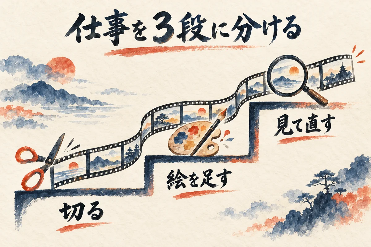 仕事を切る・絵を足す・見て直すの3段に分け、映像のフィルムが階段を上っていく図解