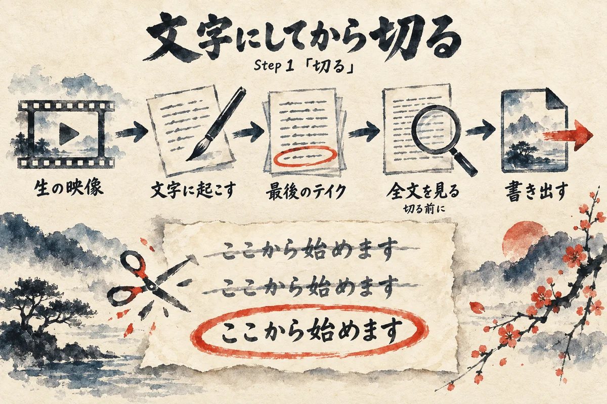 生の映像を文字に起こし、最後のテイクだけを残して、切る前に全文を見てから書き出す流れの図解