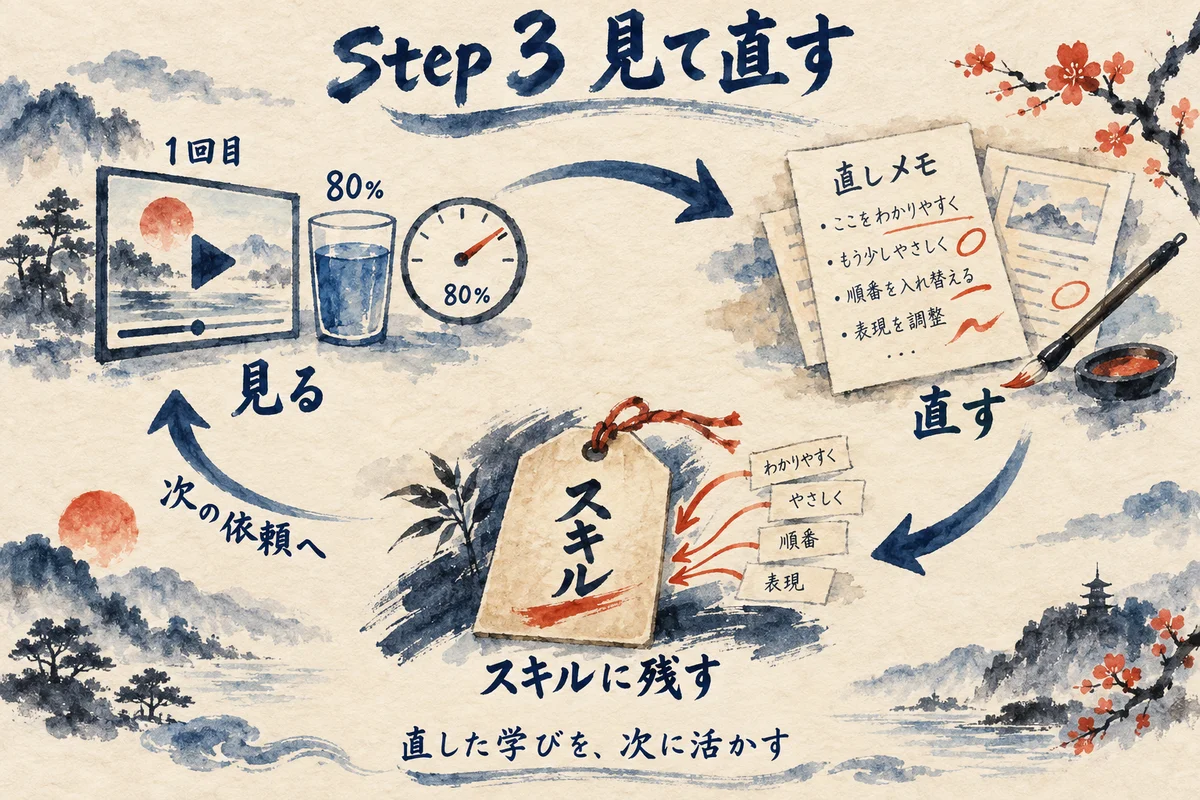 1回目の仕上がりを見て、直しメモを書いて直し、直した学びをスキルに残して次の依頼へつなぐ循環の図解