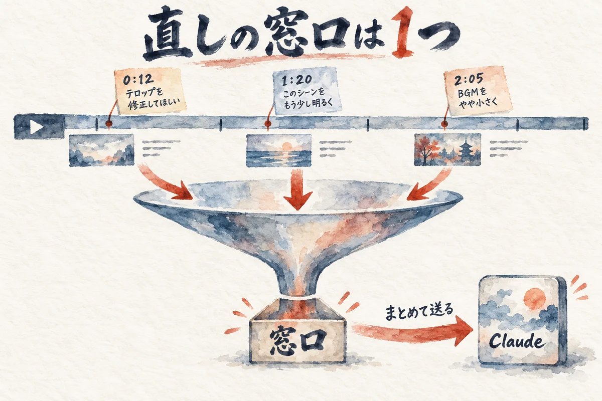 時刻つきの直しを3つ書き、窓口に集めてまとめてClaudeへ送るじょうごの図解