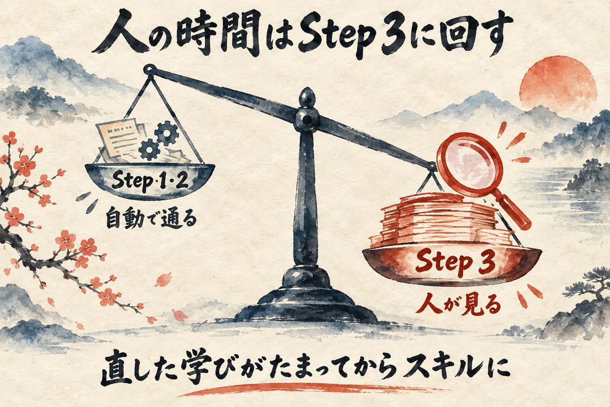 Step 1とStep 2は自動で通し、人の時間はStep 3の見る作業に回す天秤の図解