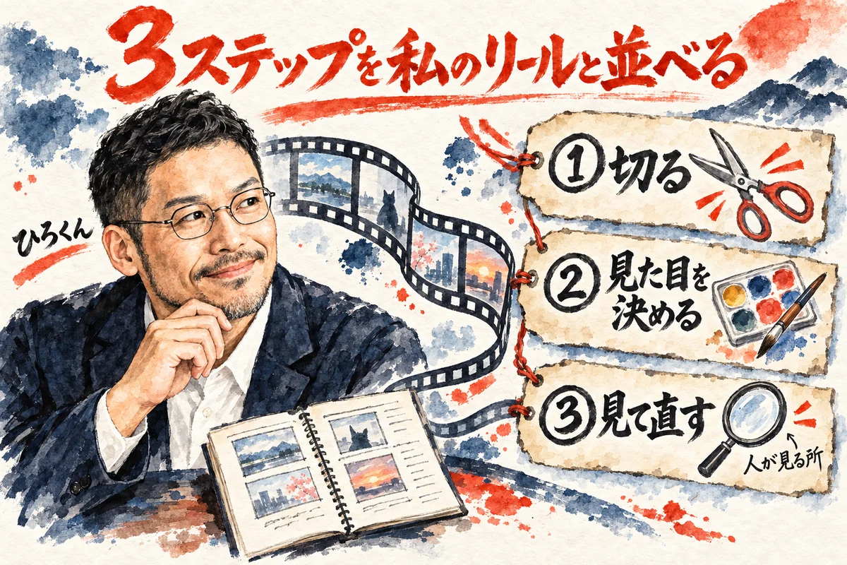 AIのSonnet 5.5に動画編集を任せる3ステップ、切る・見た目を決める・見て直すを、ひろくんの過去のリールと並べて読む全体図