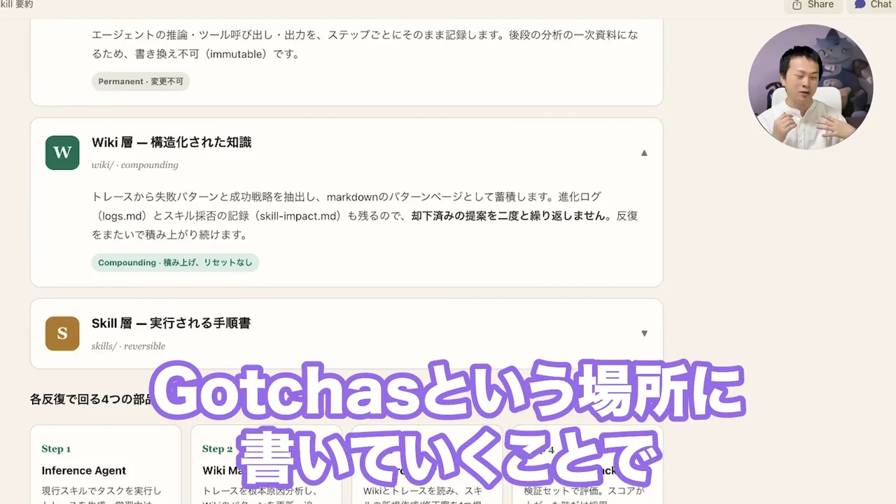 動画キャプチャ: Diaが作った要約の画面。Wiki層とSkill層が並んでいる（13:48頃）