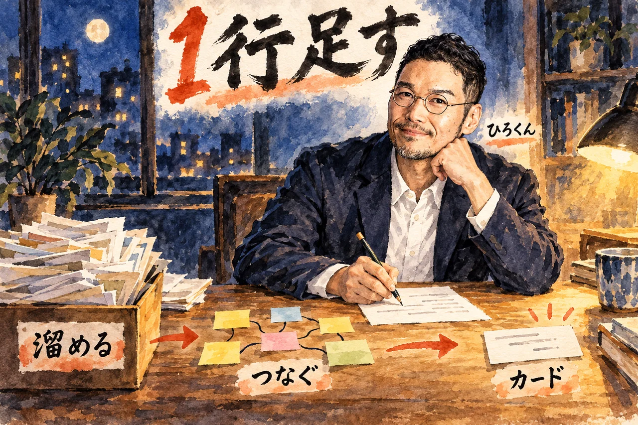 机で溜める箱、つなぐ付箋、カードを前に、メモの末尾へ1行を書き足すひろくん
