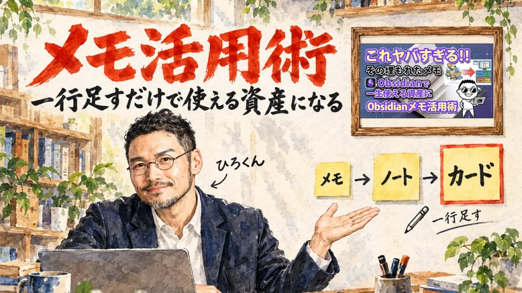 Obsidianメモ活用術。メモ・ノート・カードの付箋を手で示すひろくんと、壁にかけた動画のサムネイル