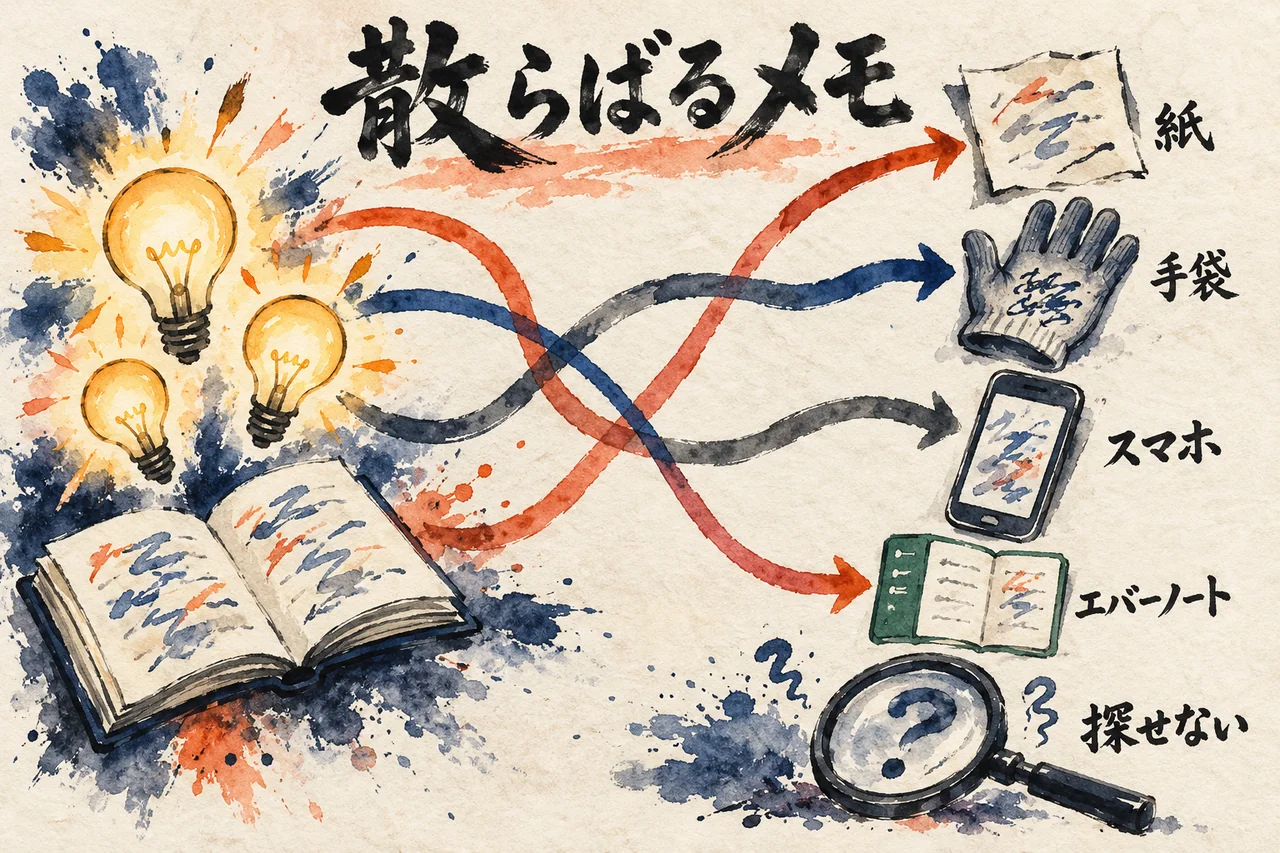 メモが紙・手袋・スマホ・エバーノートに散らばって、あとで探せなくなることを描いた図解