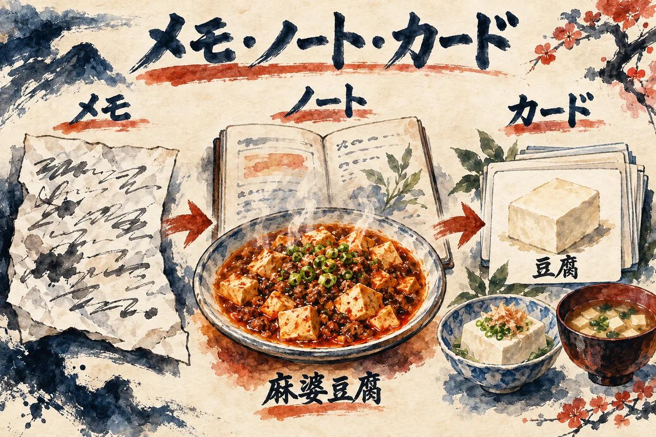 殴り書きのメモ、麻婆豆腐のノート、豆腐のカードを左から右へ並べた3段の図解