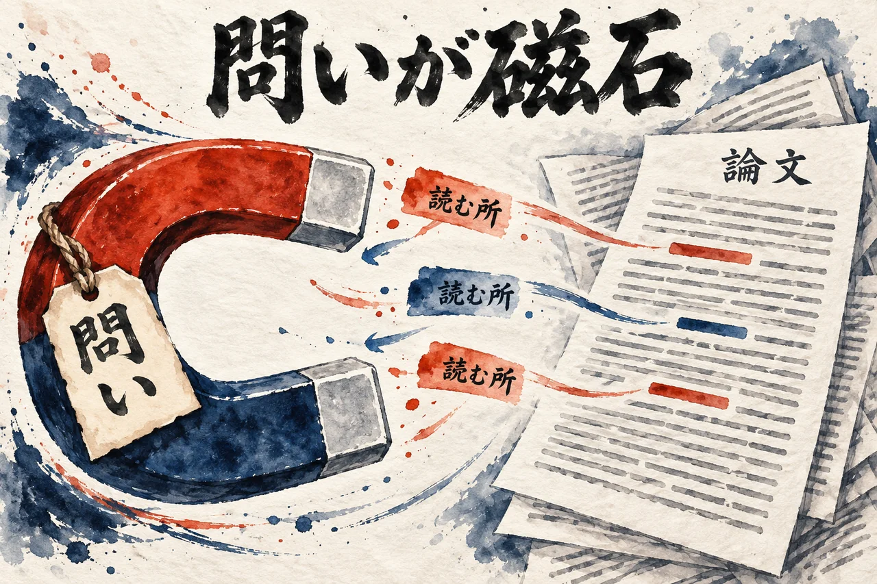 「問い」と書いた磁石が、論文の読む所だけを引き寄せる図解
