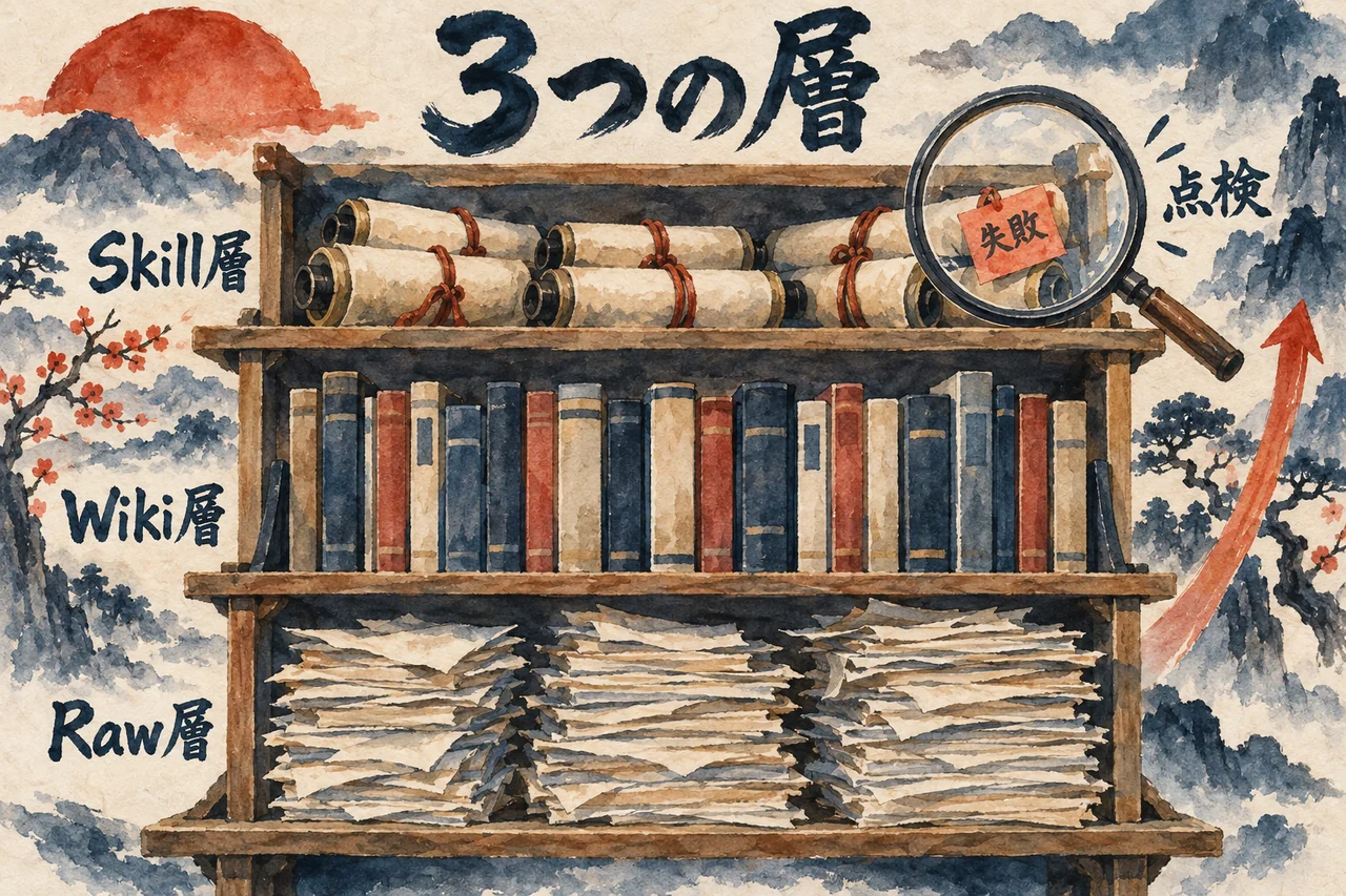 Raw層・Wiki層・Skill層の3段の棚に、失敗の付箋が刺さった図解