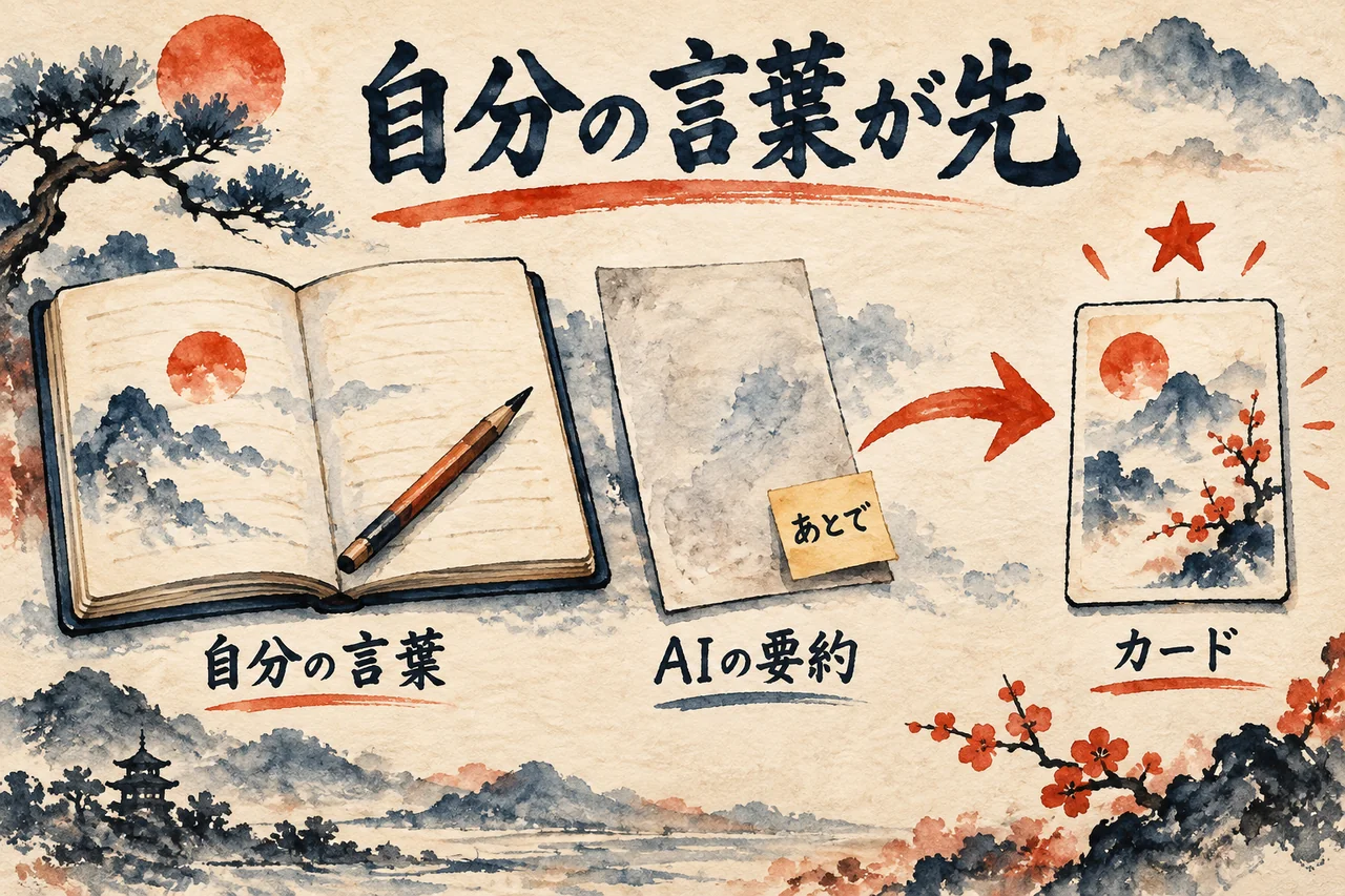 自分の言葉で書いたノートを先に置き、AIの要約はあとにして、カードへつなぐ図解