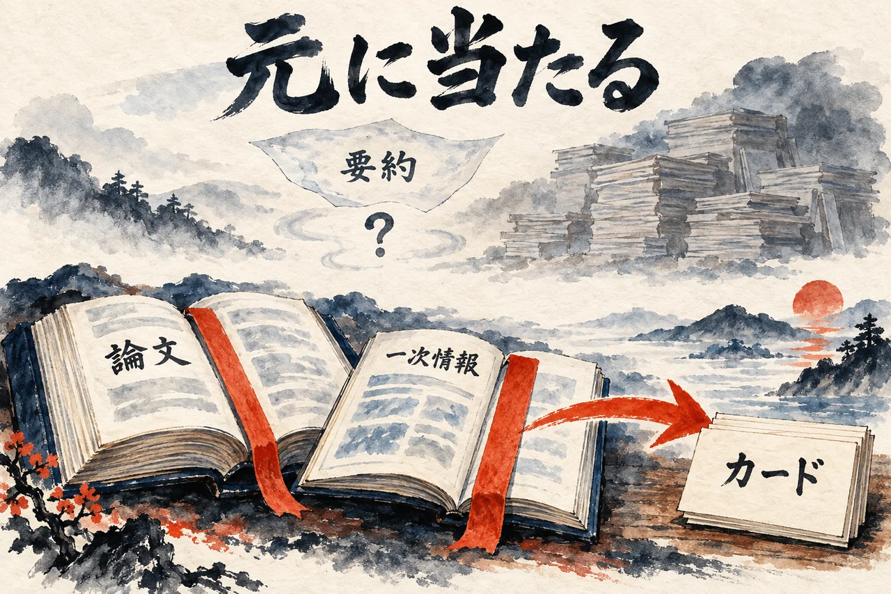 薄い要約より、論文などの一次情報に当たってカードへつなぐことを描いた図解