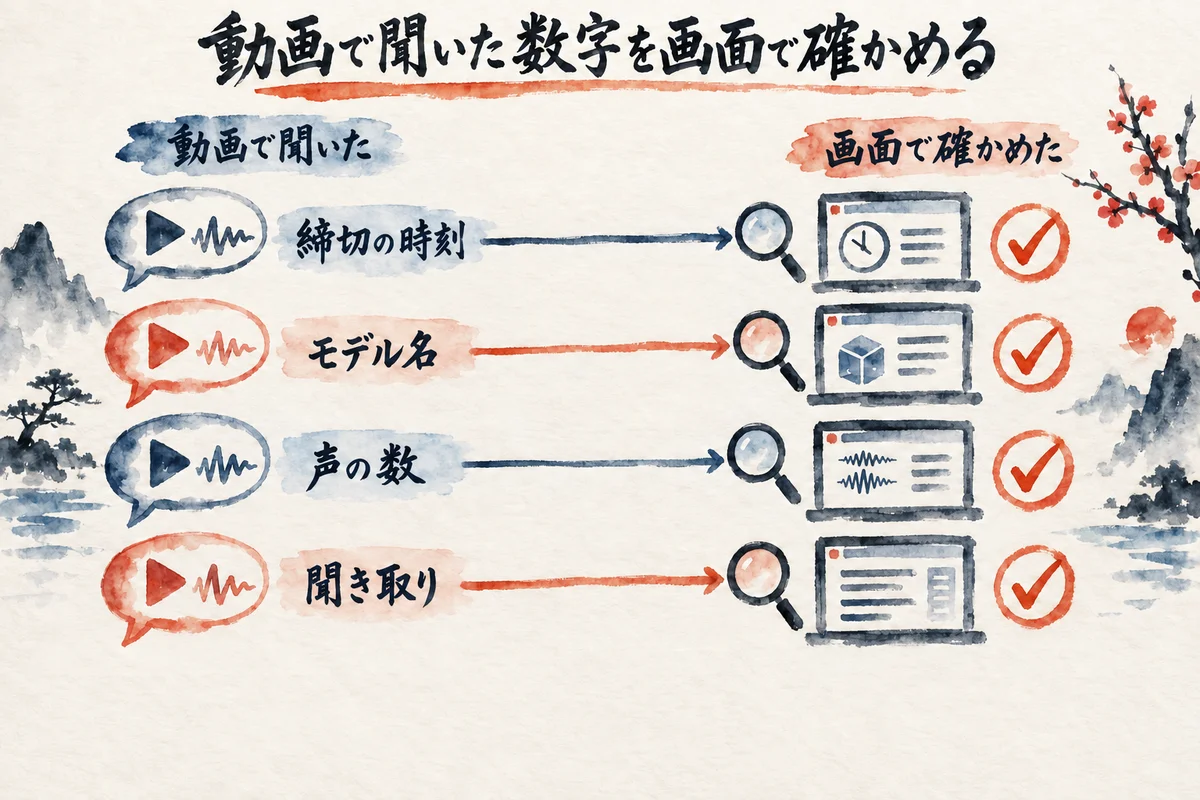 動画で聞いた締切の時刻・モデル名・声の数・聞き取りを、画面で確かめて突き合わせるチェック図
