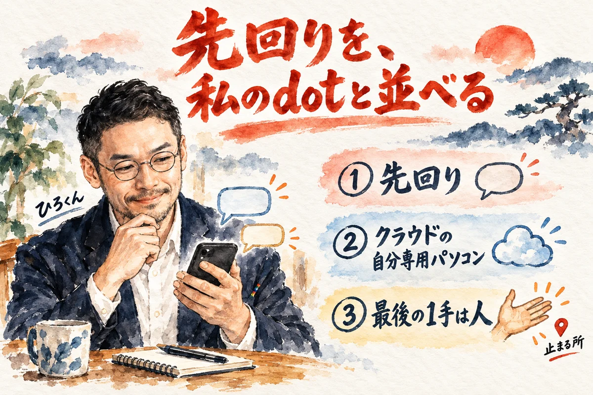 両学長が解説したdotsの先回りと、私のdotに届いた一言を並べて読む全体図。先回り、クラウドの自分専用パソコン、最後の1手は人の3つのラベルとスマホを見るひろくん