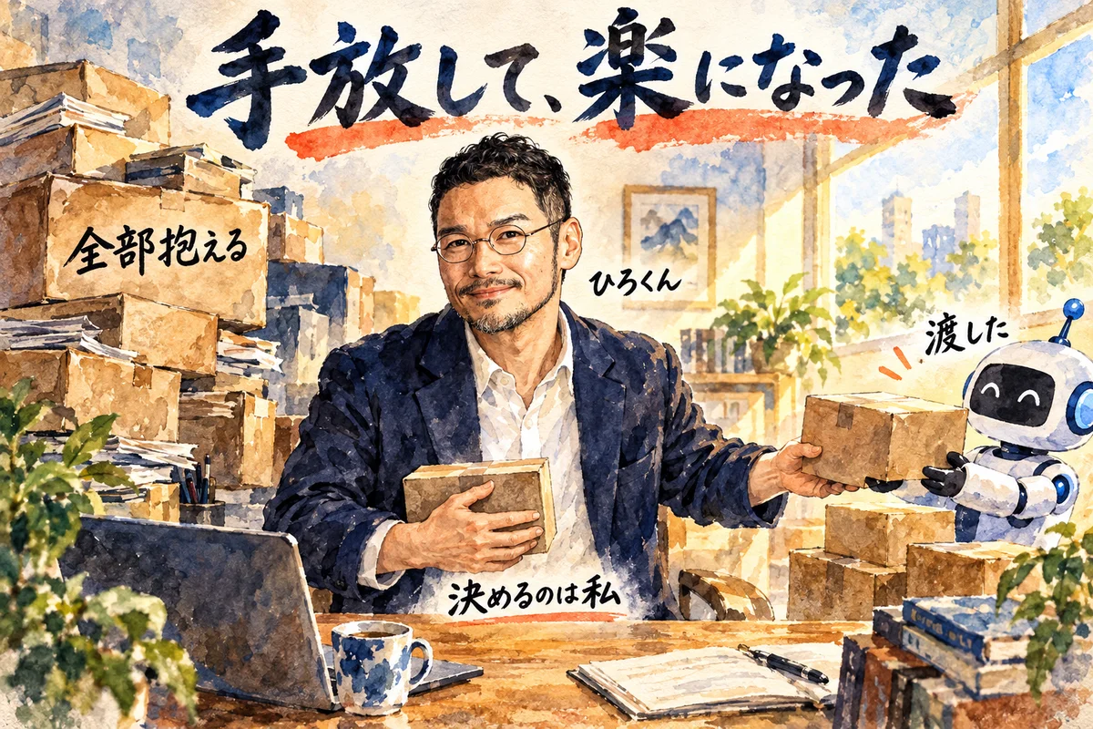 箱の山を抱えていたひろくんが、いくつかの箱をAIアシスタントに渡し、手元に1つ残してほっとしているコラム図解