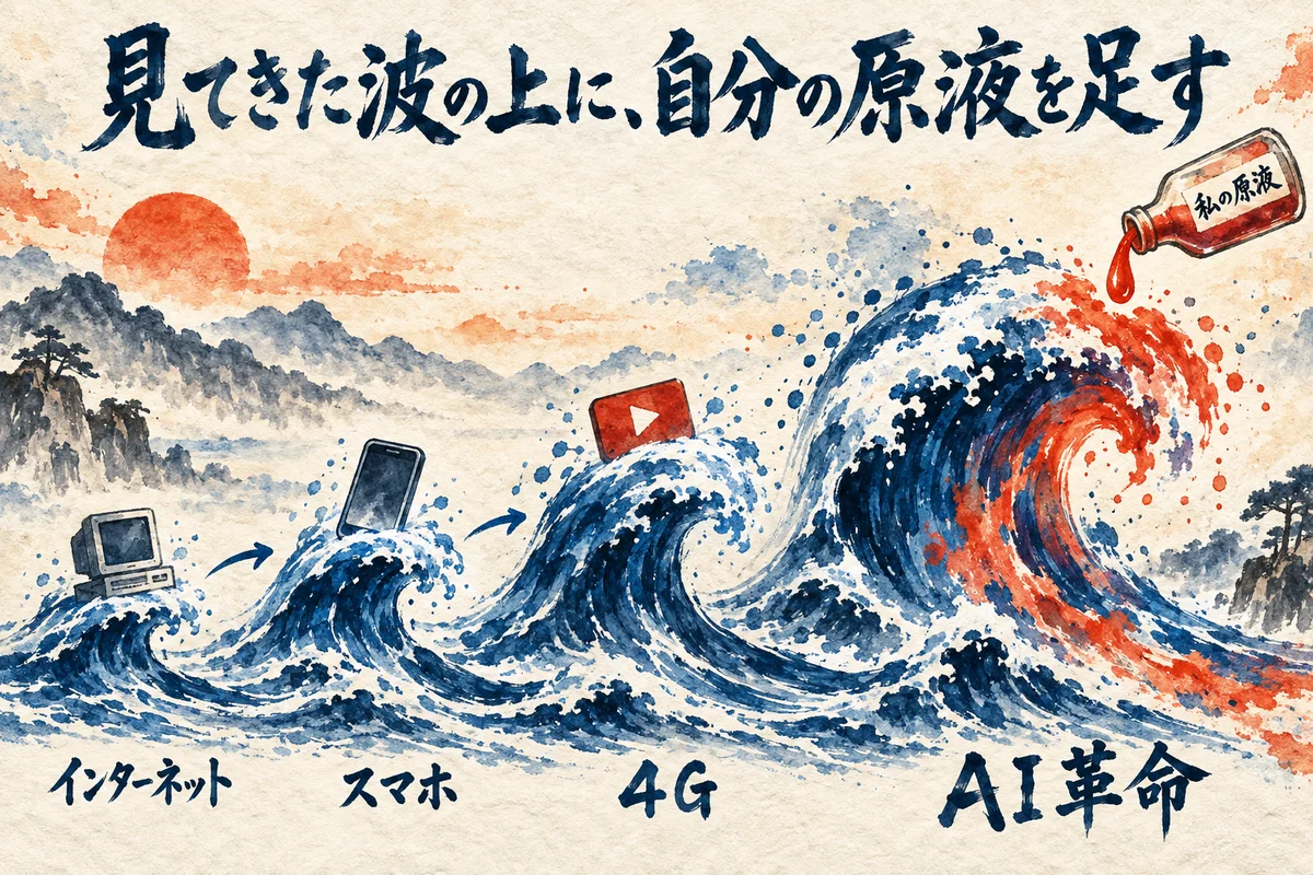 インターネット、スマホ、4G、AI革命と波が大きくなり、最後の波に私の原液の瓶を足す4コマの図解