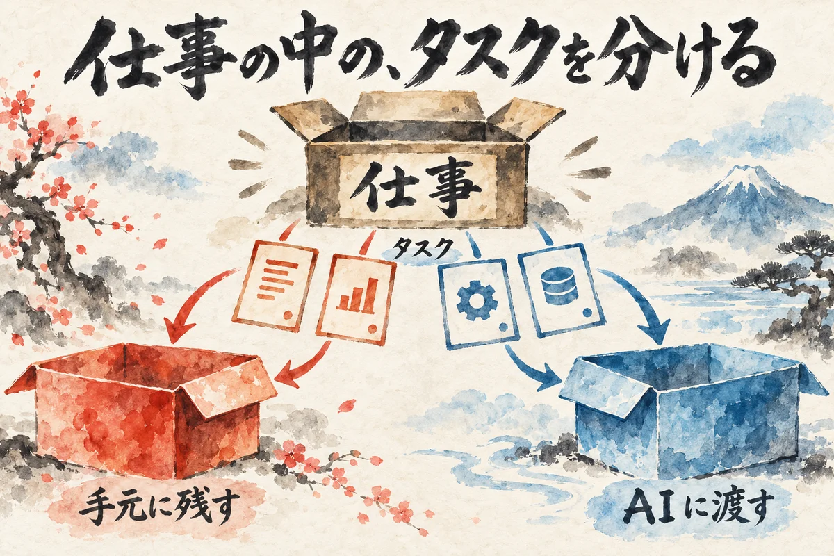 大きな箱の仕事から取り出したタスクの札を、AIに渡す箱と手元に残す箱に仕分ける図解