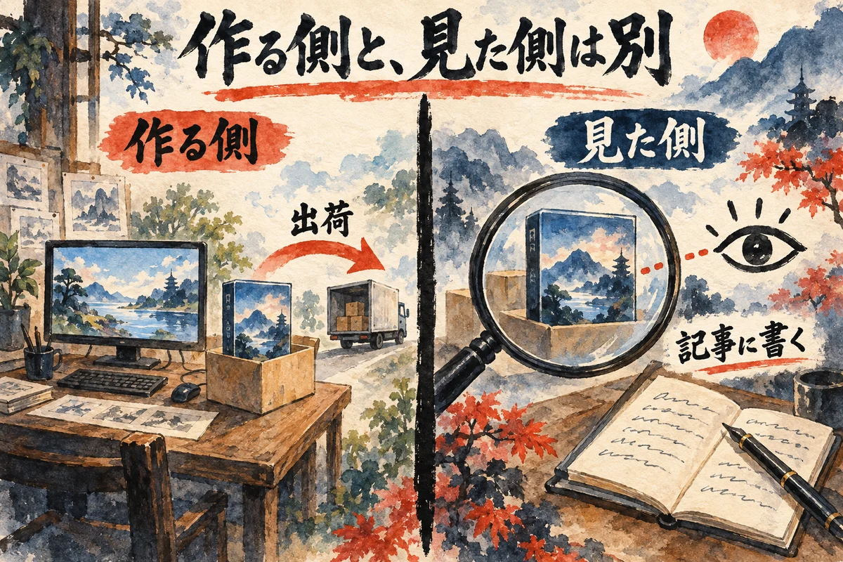 ゲームを作って出荷する側と、それを虫眼鏡で見て記事に書く側を左右に並べた比較図