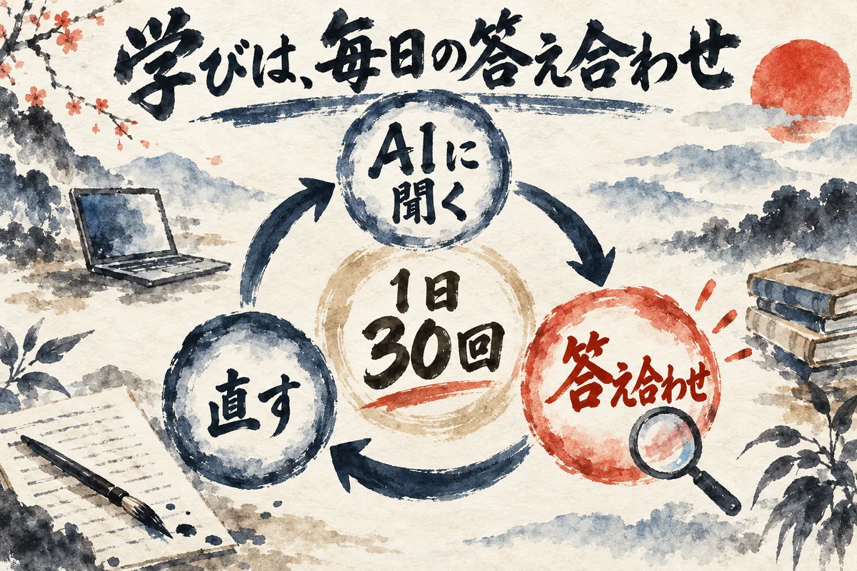 AIに聞く、答え合わせ、直すの3つの丸が回り、中央に1日30回と書かれた循環図
