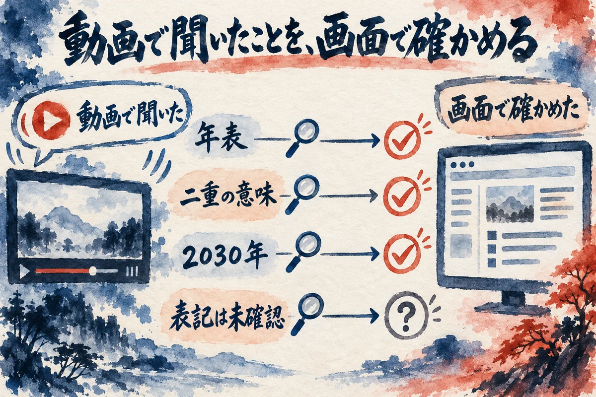 動画で聞いた年表・二重の意味・2030年を画面で確かめ、表記は未確認として突き合わせるチェック図