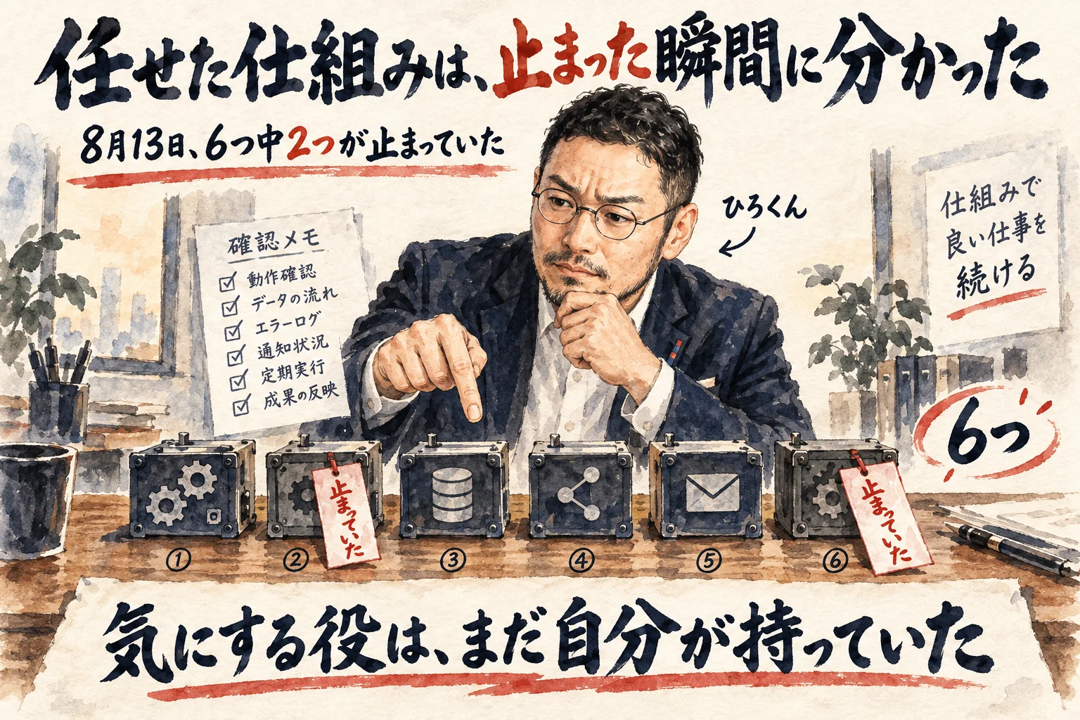 6つの小さな箱を指さして点検するひろくんと、止まっていた2つの箱に付いた朱色の札のコラム図解