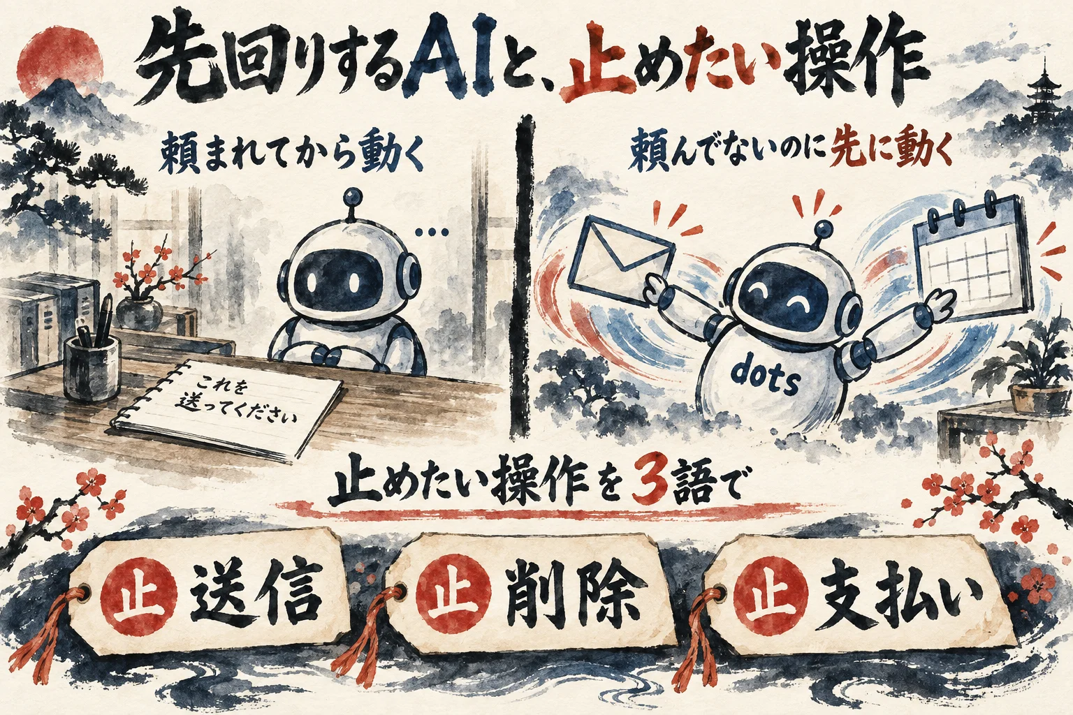 頼まれてから動くAIと、頼んでいないのに先に動くdotsを左右に並べ、止めたい操作を送信・削除・支払いの3語で書く図解