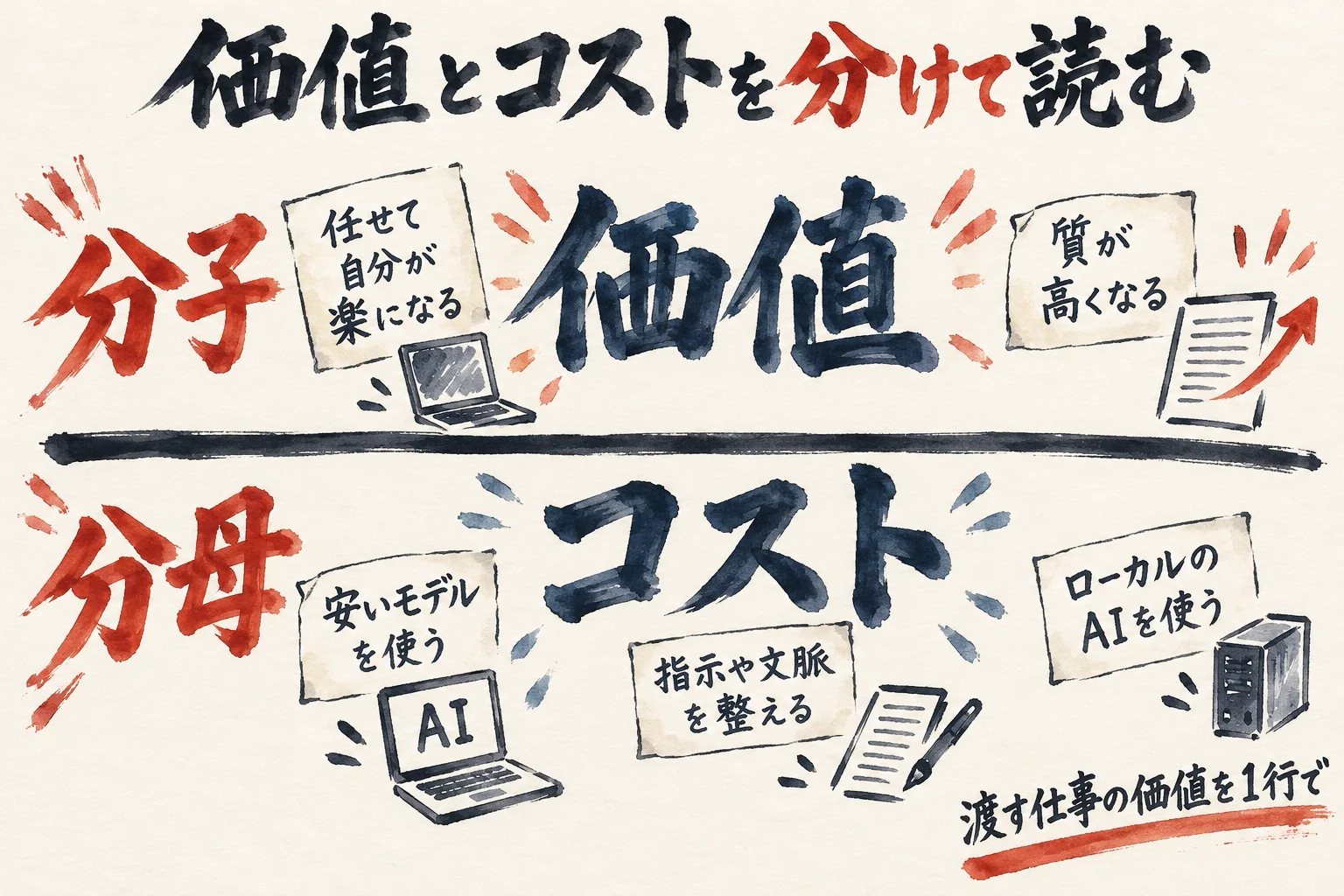 分子の価値と、分母のコストを、横線で上下に分けて読む分数の図解