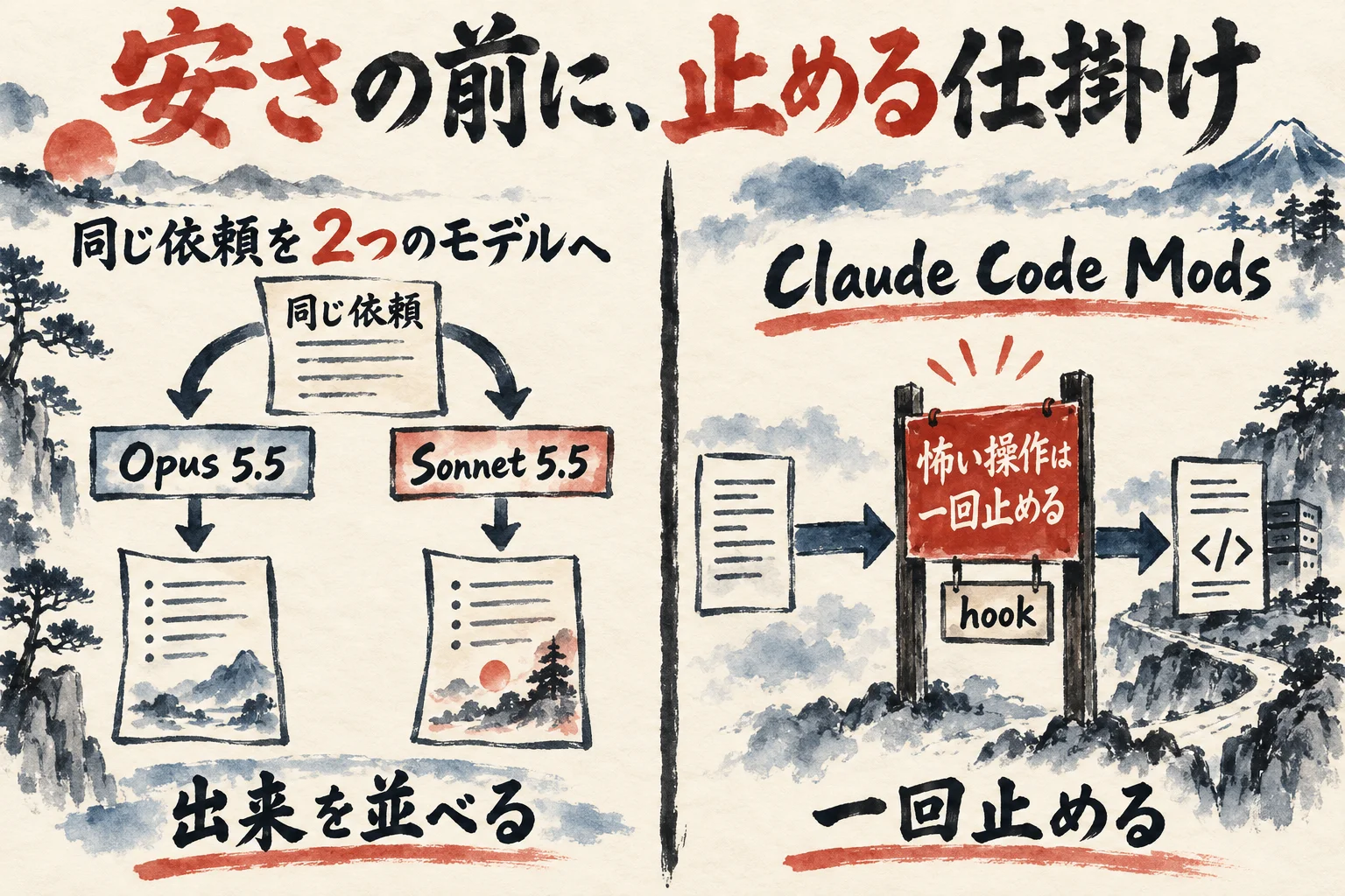 同じ依頼をOpus 5.5とSonnet 5.5に回して出来を並べる図と、Claude Code Modsの途中に「怖い操作は一回止める」札を置く図