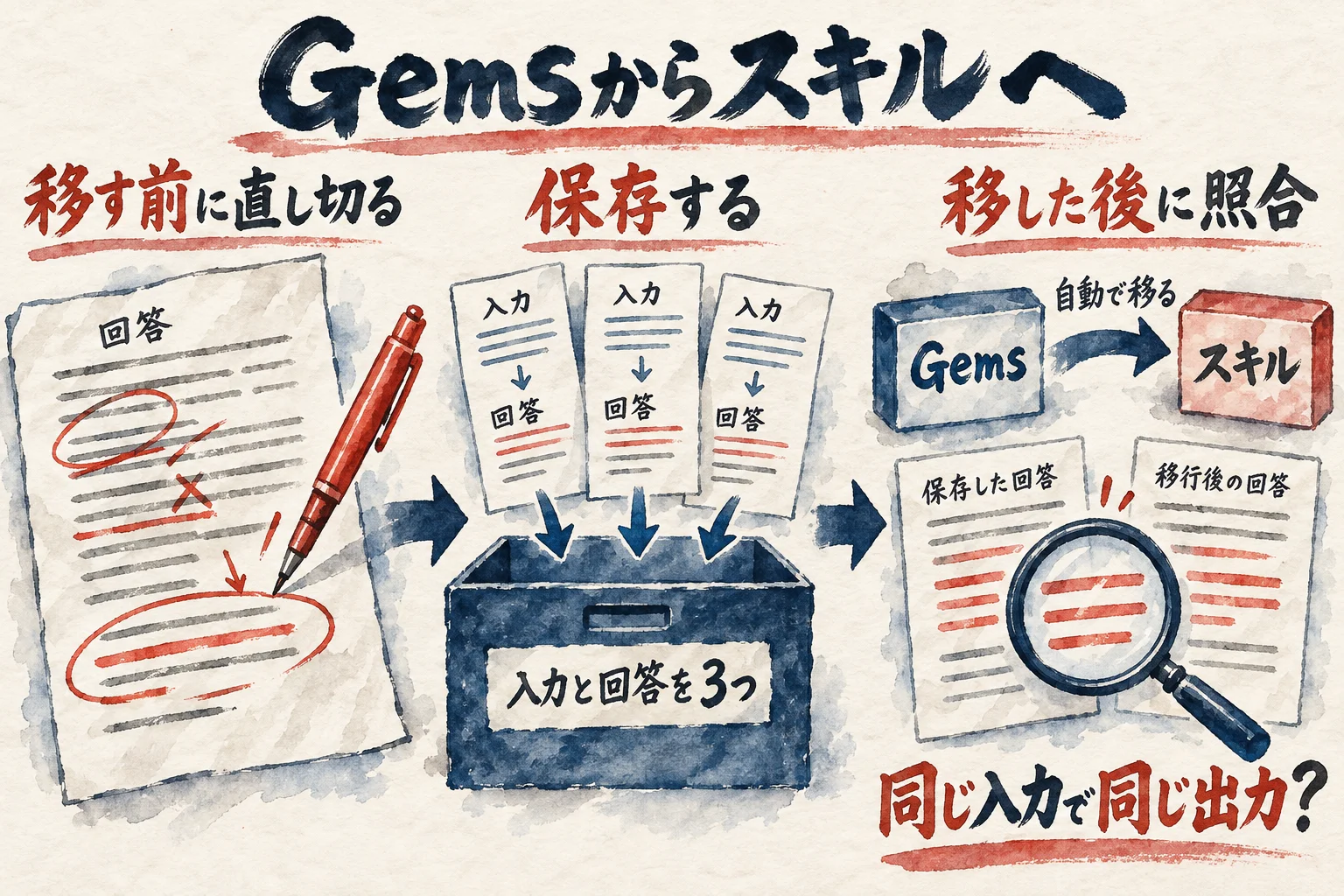 移す前に直し切る、入力と回答を3つ保存する、移した後に同じ入力で照合する、の3コマ図解
