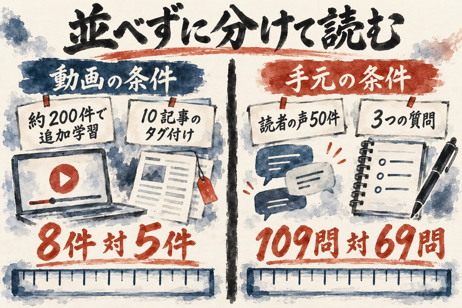動画の条件の8件対5件と、手元の条件の109問対69問を、中央の線で左右に分けて読む比較図