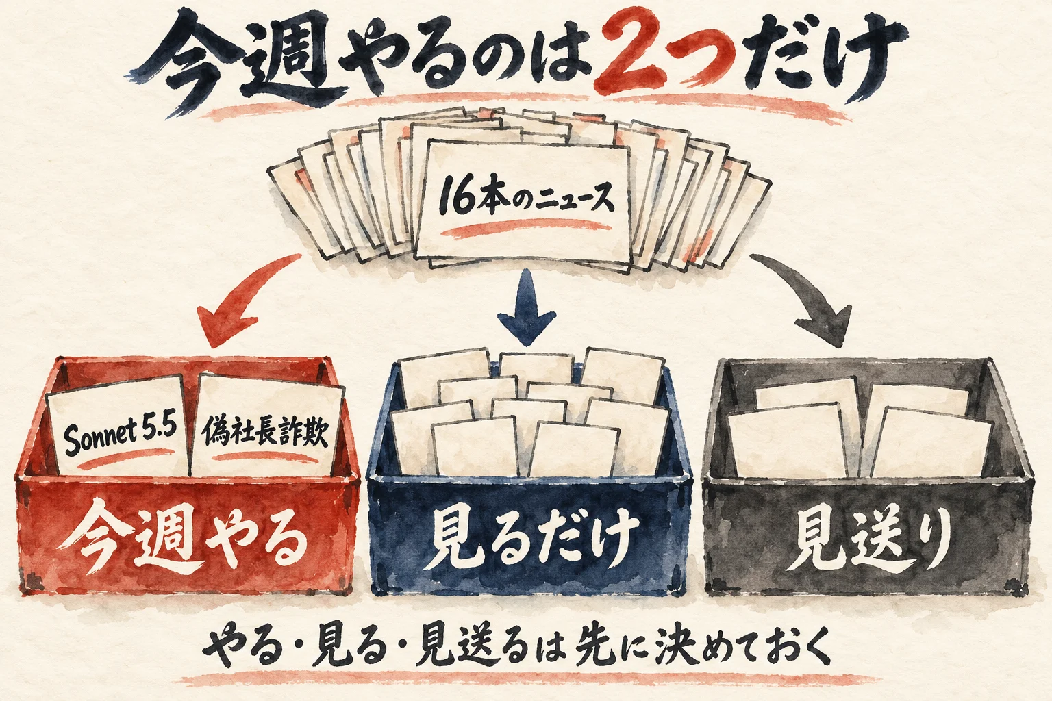16本のニュースを、今週やる・見るだけ・見送りの3つの箱に仕分け、今週やるのは2つだけと示す図解