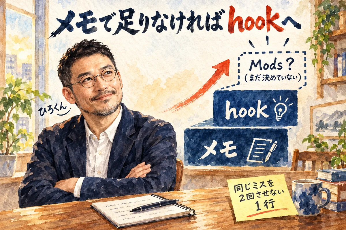 メモ、hook、点線の空の段「Mods？（まだ決めていない）」と並ぶ階段を、腕を組んで見上げるひろくんのコラム図解