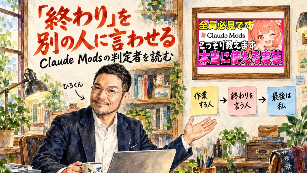 Claude Modsの判定者を読むひろくんと、壁に動画のサムネイル