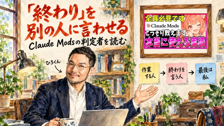 Claude Modsの判定者を読むひろくんと、壁に動画のサムネイル