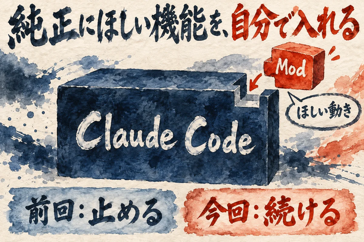 Claude Codeの大きな箱の欠けた所へ小さな部品Modをはめ込む図。下に「前回：止める」「今回：続ける」の2枚の札