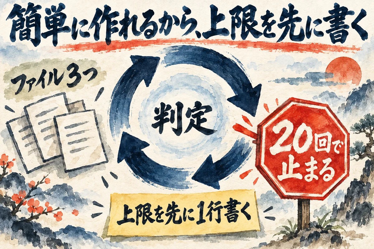 判定の輪がぐるぐる回り、右下に「20回で止まる」の札、下に「上限を先に1行書く」の付箋を添えたループ図