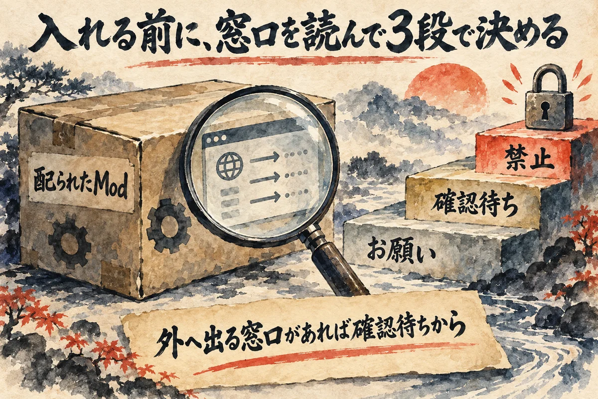 配られたModの箱を虫眼鏡でのぞき、お願い・確認待ち・禁止の3段の階段で止める強さを決める図解