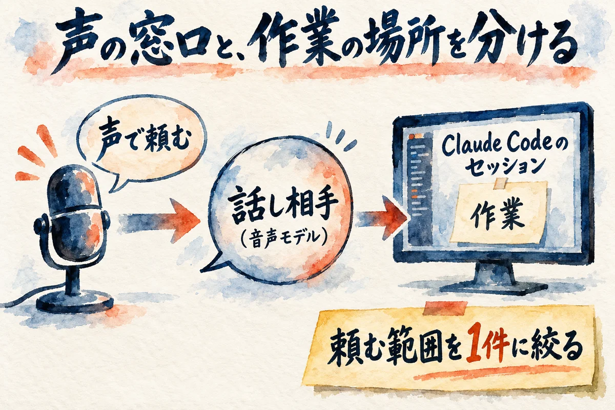 声で頼む、話し相手（音声モデル）、Claude Codeのセッション（作業）と進む流れに「頼む範囲を1件に絞る」の付箋を添えた図解