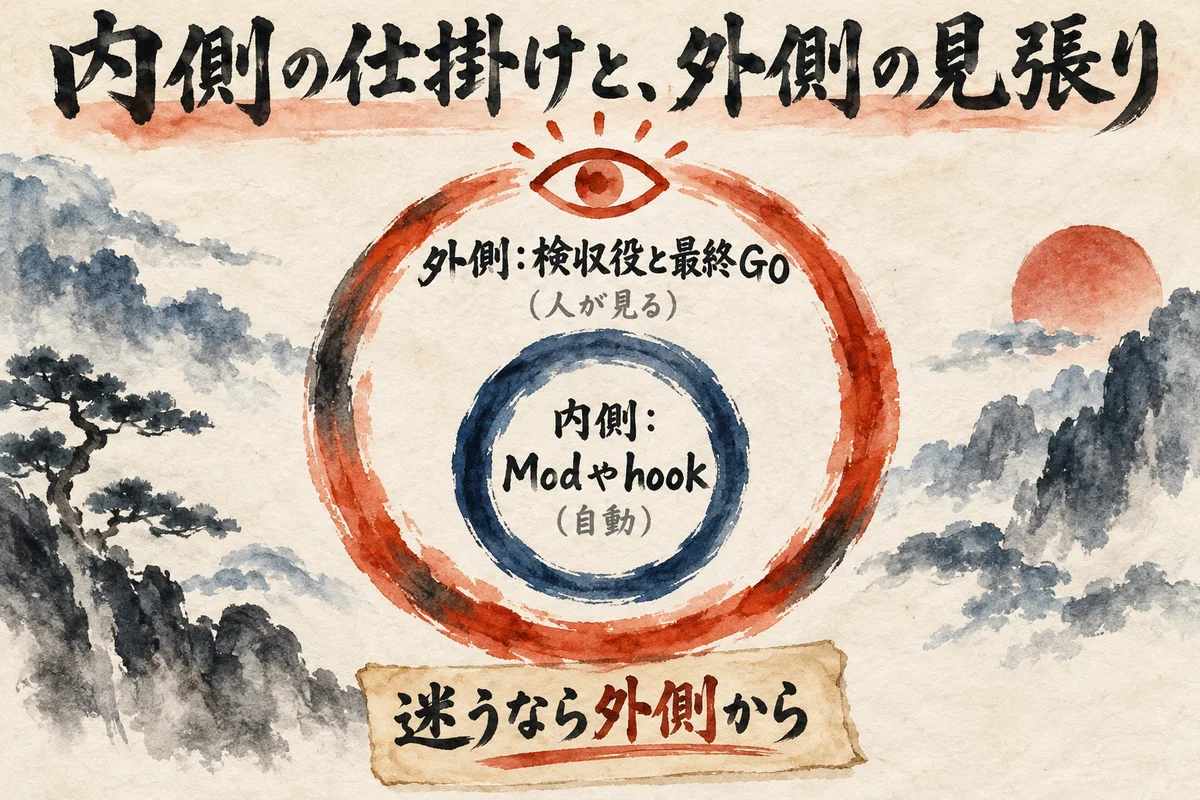 内側のModやhook（自動）の小さな輪を、外側の検収役と最終GO（人が見る）の大きな輪が見守る二重の輪の図解