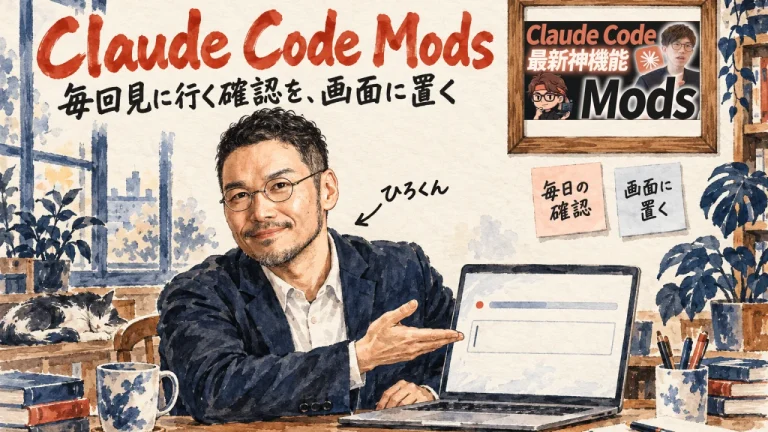 Claude Code Modsと、毎回見に行く確認を画面に置くと紹介するひろくんと、壁に動画のサムネイル