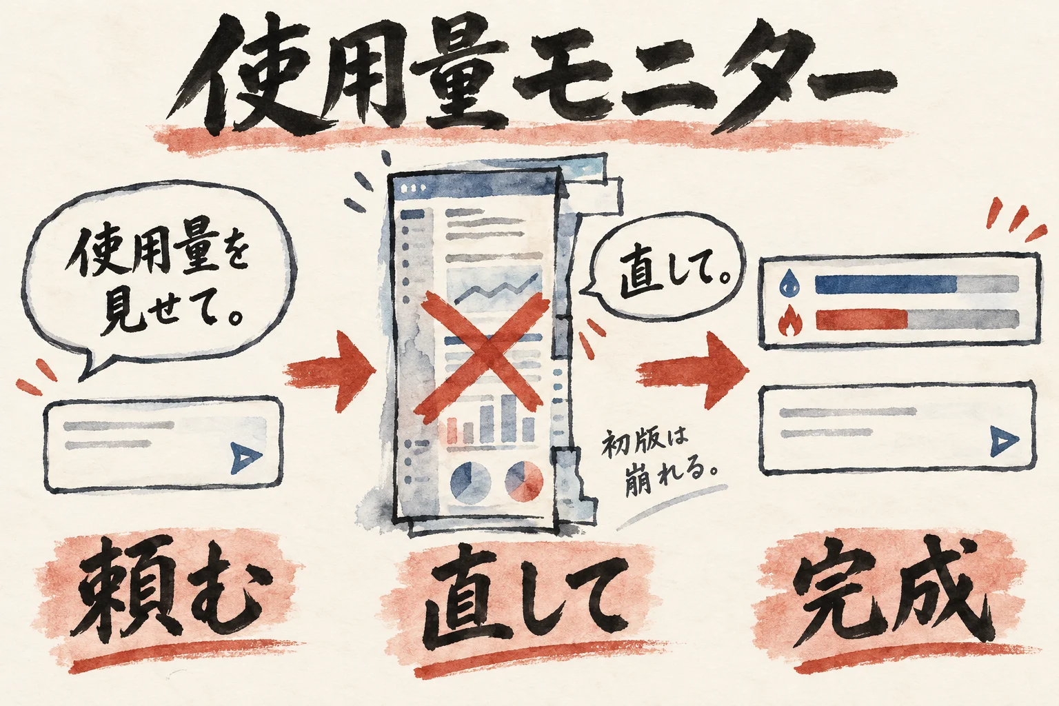 頼む、直して、完成の3コマで、崩れた初版から入力欄の上の細い使用量モニターまでを示す図解