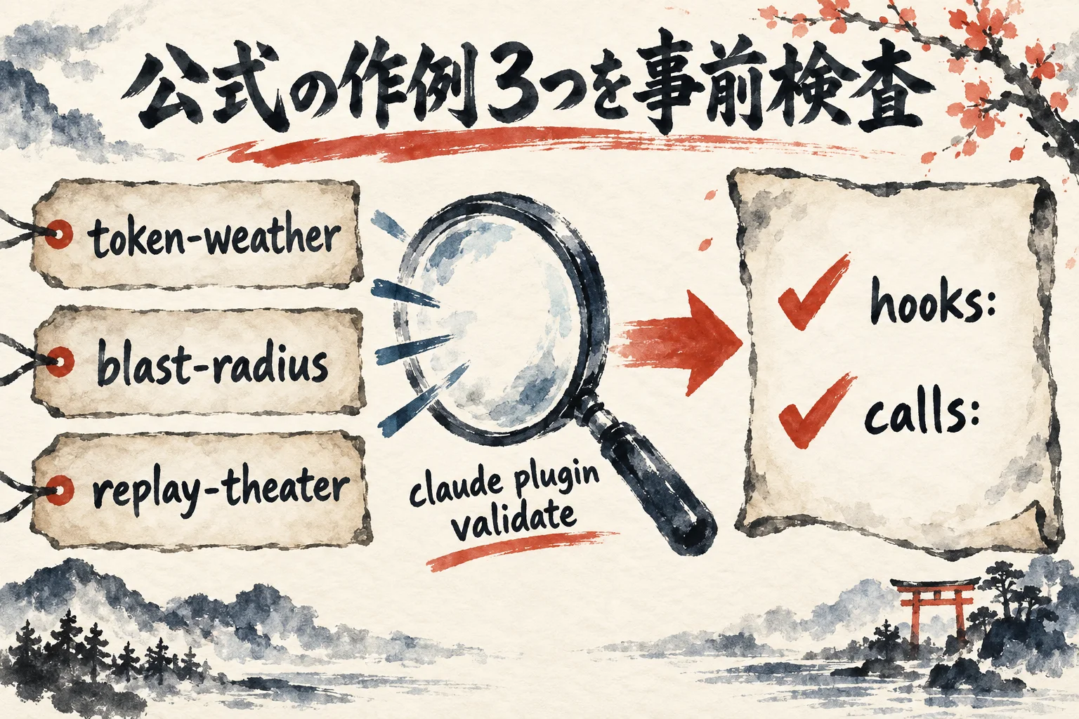 token-weather、blast-radius、replay-theaterの3つの作例に claude plugin validate をかけ、hooks と calls の2行が出る図解