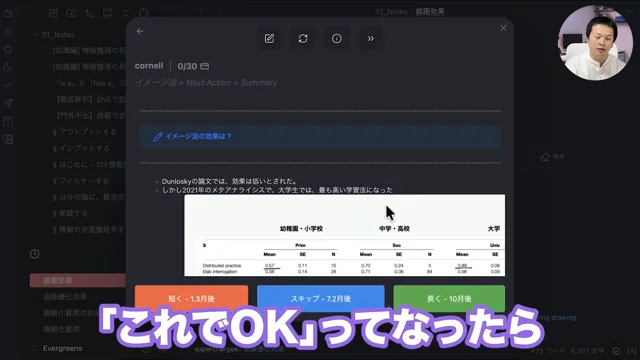 動画キャプチャ: 復習カード画面でDunloskyの論文の評価が示される場面（12:23頃）