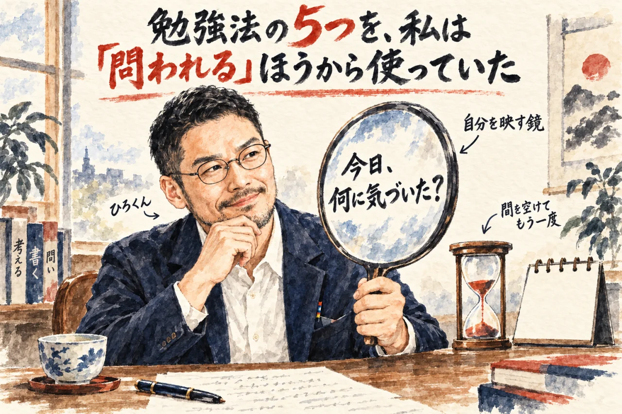 ひろくんが手鏡に映る問いを見ている、分身AIとの対話は自分を映す鏡という図解