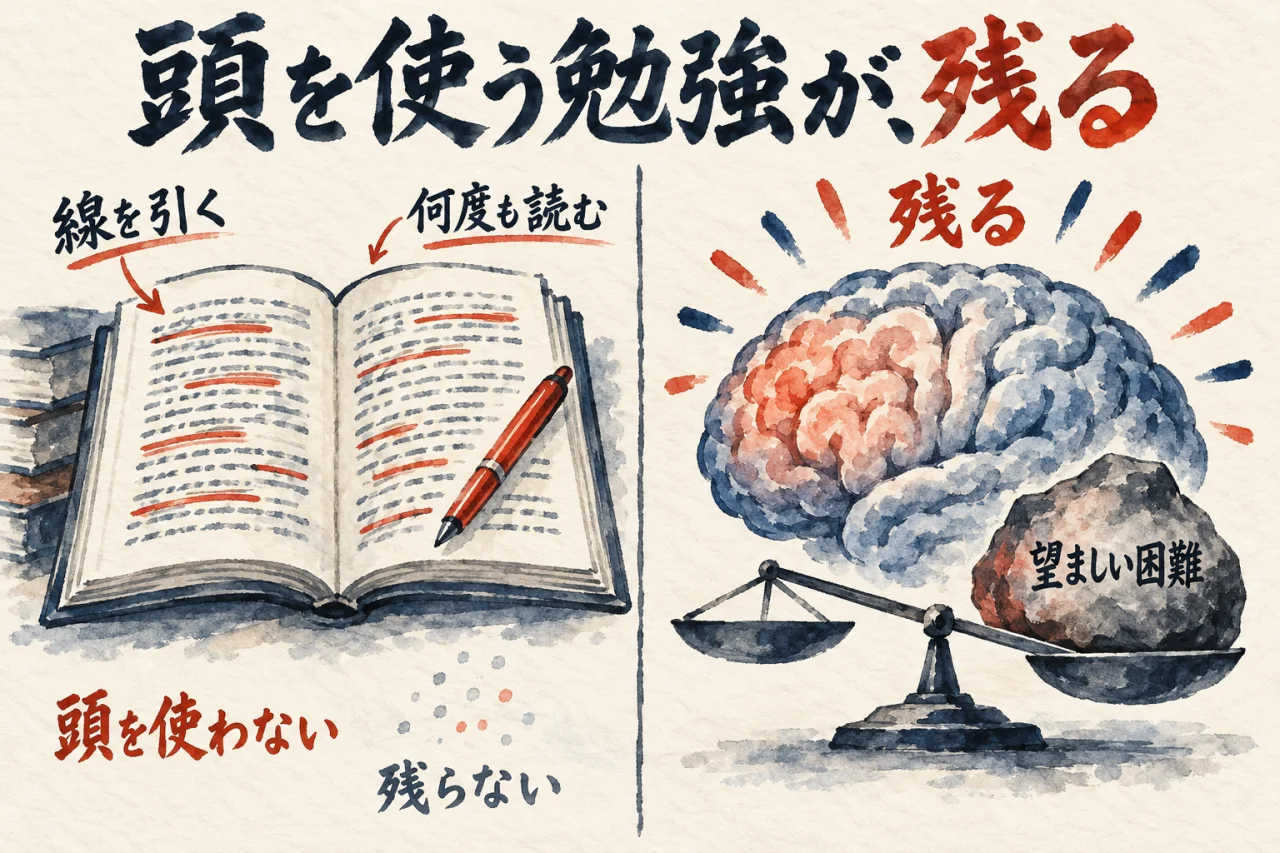 線を引く・何度も読むは頭を使わず残らない、負荷のある勉強は残る、を対比した図解